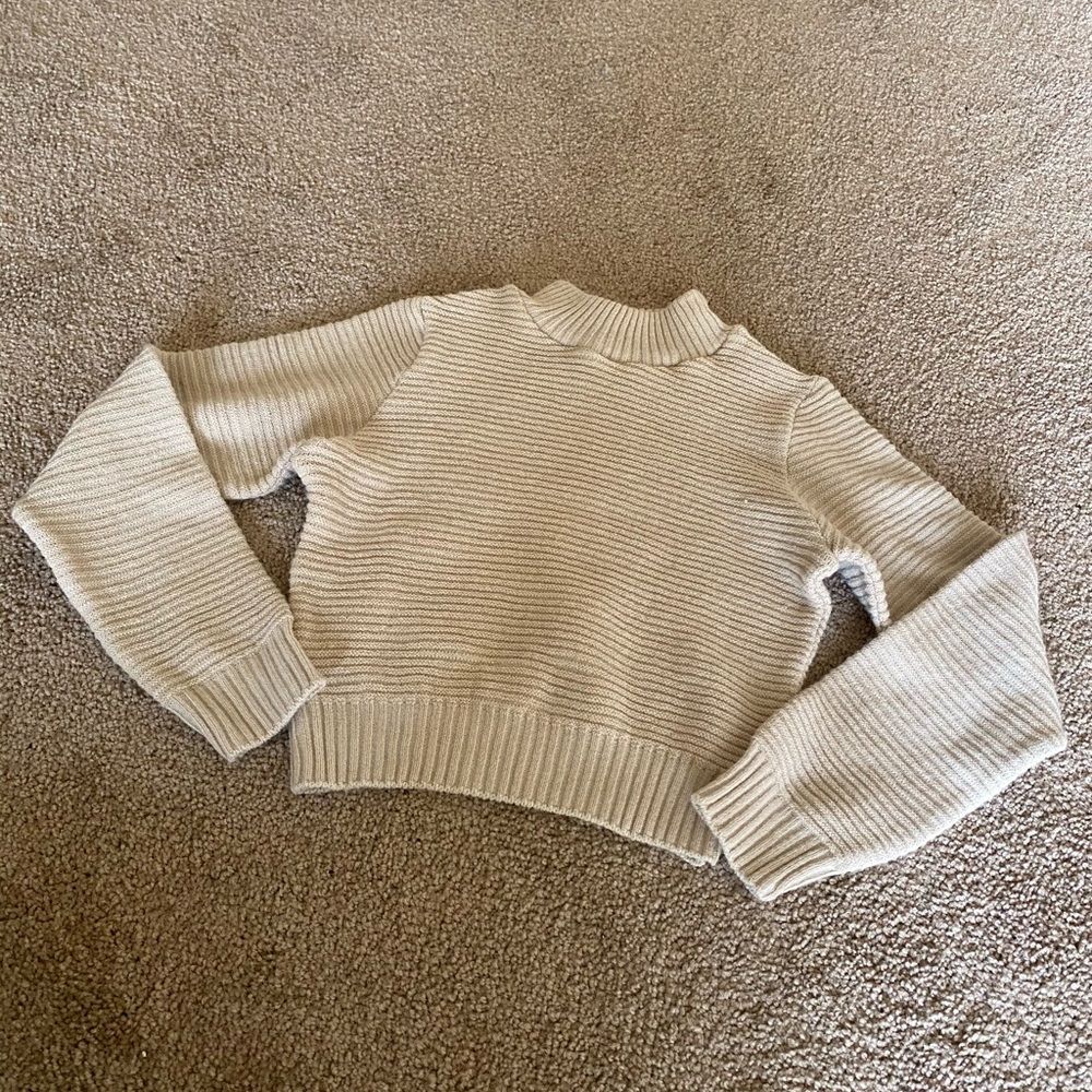 Cream Mock neck rib sweater